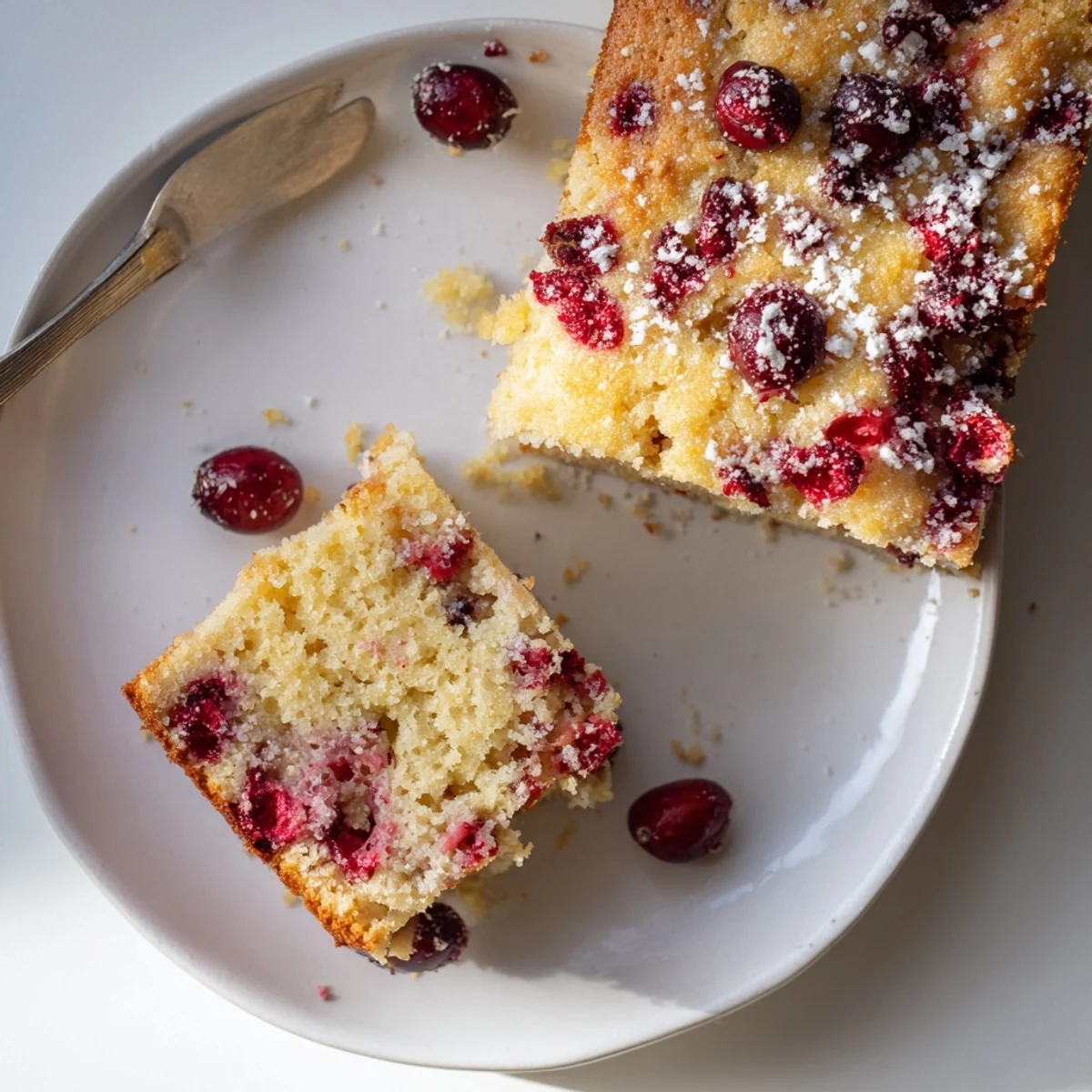 Slice of moist Cranberry Cake served warm on a plate with a dollop of whipped cream for a sweet treat.
