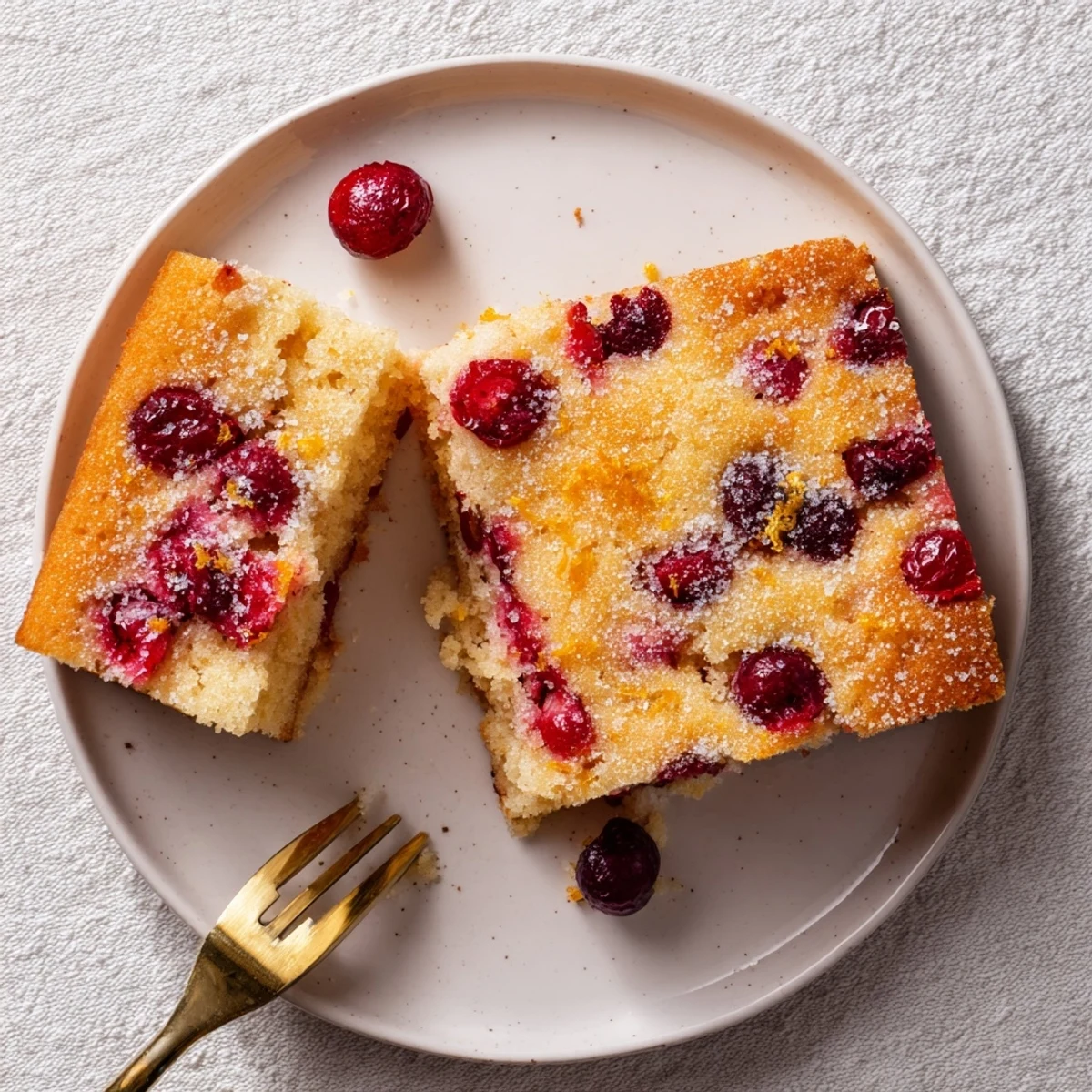 Freshly baked Cranberry Cake with a golden crumb, studded with tart red cranberries and a hint of orange zest.