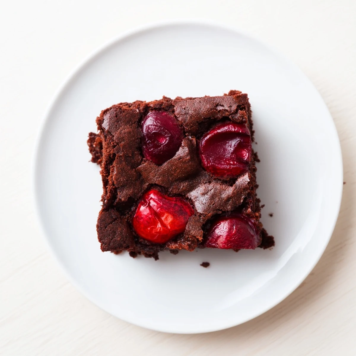 Fudgy Roasted Cherry Brownies with roasted cherries and a glossy chocolate top are displayed on a cooling rack.  