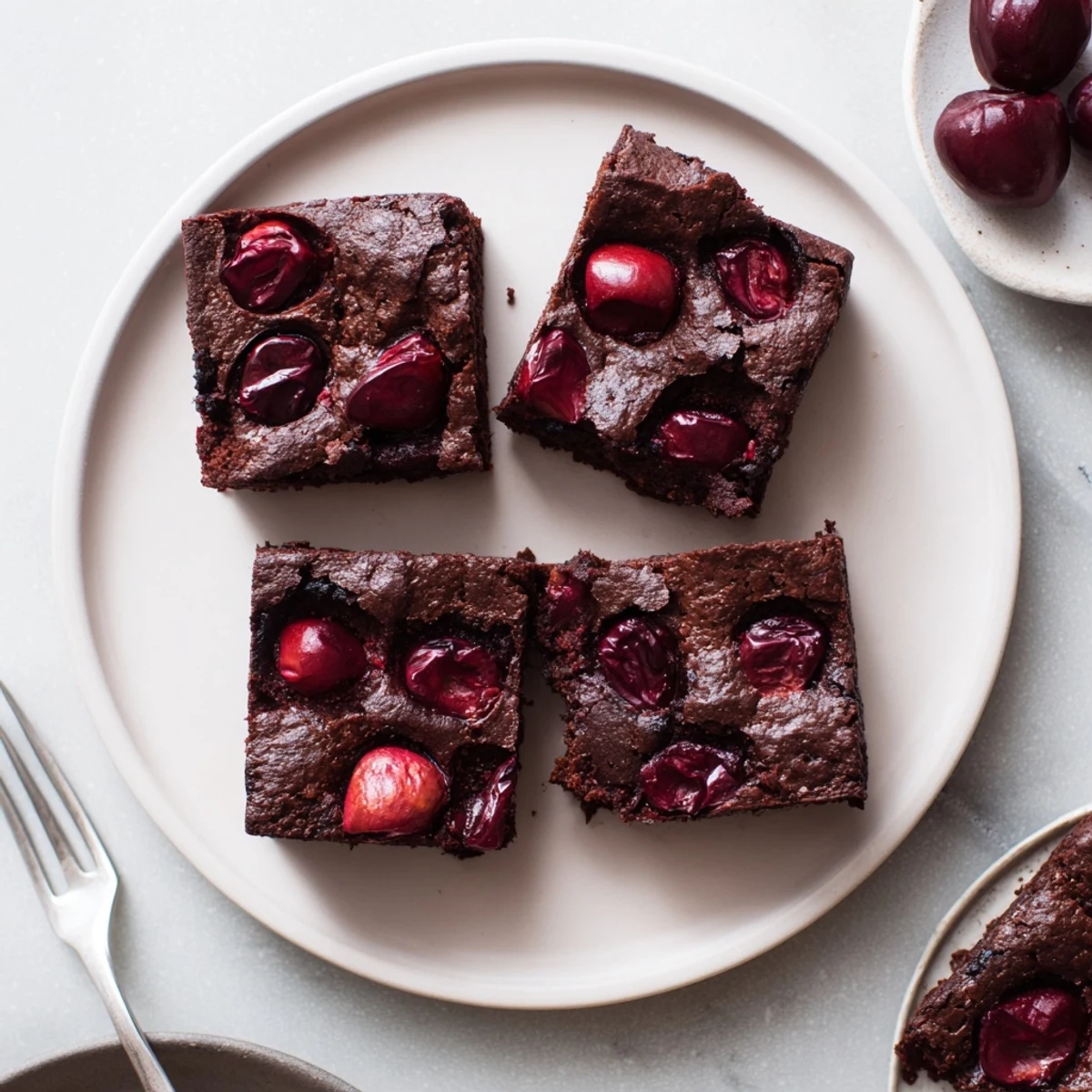 Warm Roasted Cherry Brownies sit beside fresh cherries, evoking a sweet summer dessert in an American kitchen.