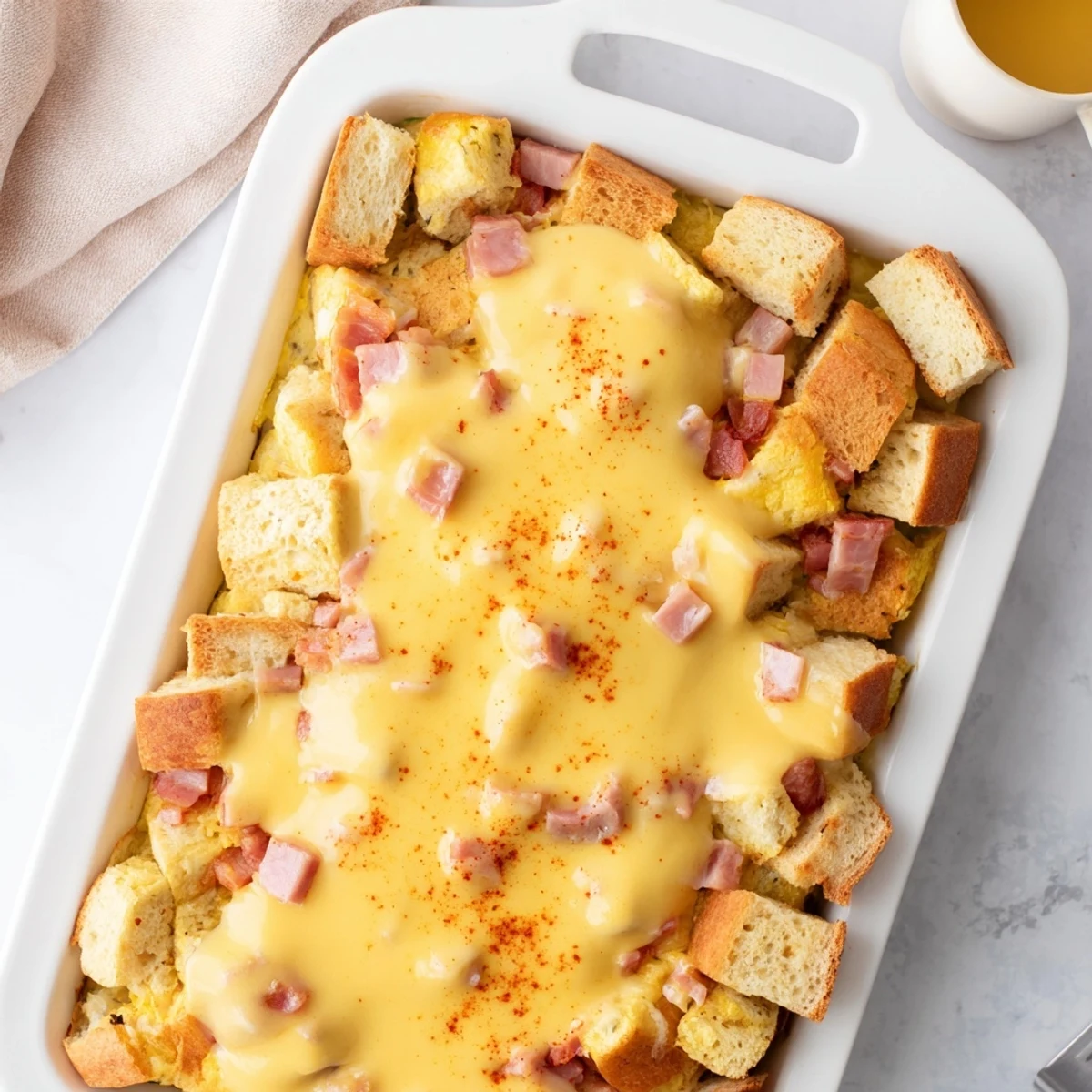 A slice of Eggs Benedict Casserole reveals layers of English muffin, Canadian bacon, and creamy hollandaise.