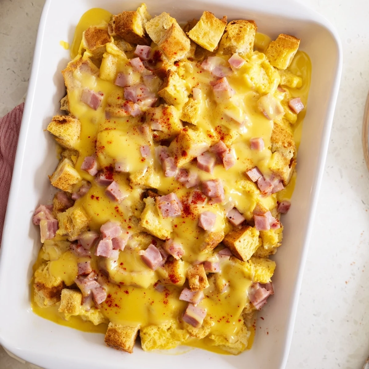 Golden baked Eggs Benedict Casserole topped with silky hollandaise and fresh chives for a brunch feast.