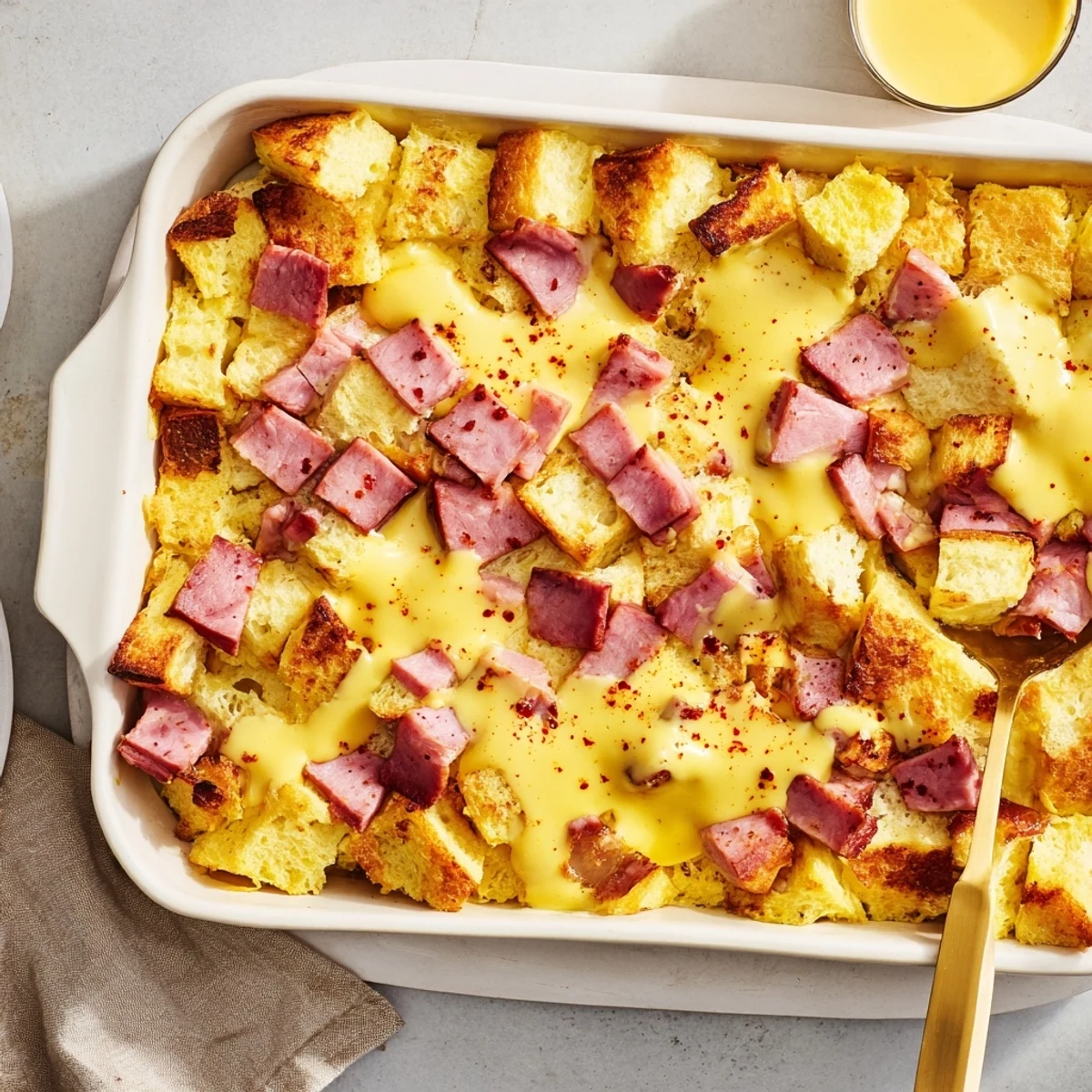 Serve warm Eggs Benedict Casserole with sparkling orange juice and fruit for an easy, crowd-pleasing brunch.
