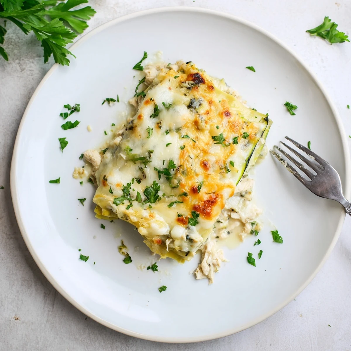 Hearty low-carb Chicken Alfredo Zucchini Lasagna served hot with parsley garnish and a side salad.