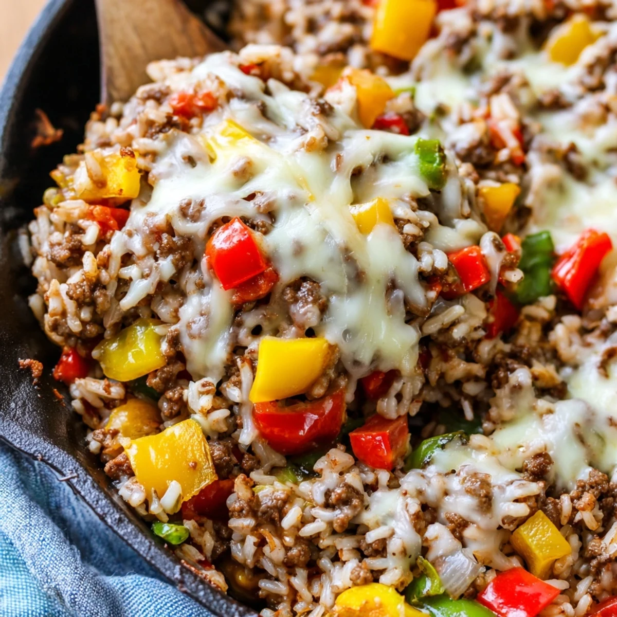 Steam rises from the hot Unstuffed Pepper Skillet as melted mozzarella blankets the savory beef and rice.