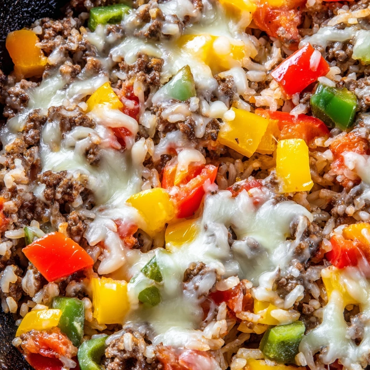 Bright diced bell peppers and ground beef simmer in the skillet for the Unstuffed Pepper Skillet.