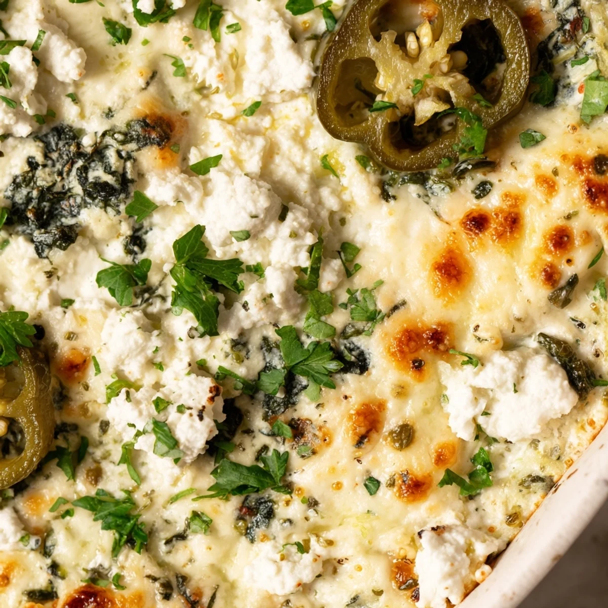 Golden Spinach and Pepperoncini Baked Feta Dip topped with melted mozzarella and herbs, ready to scoop with crunchy vegetables.
