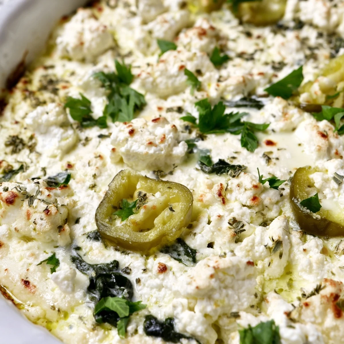 Creamy Spinach and Pepperoncini Baked Feta Dip bubbling in a dish, served with warm pita wedges and fresh lemon slices.