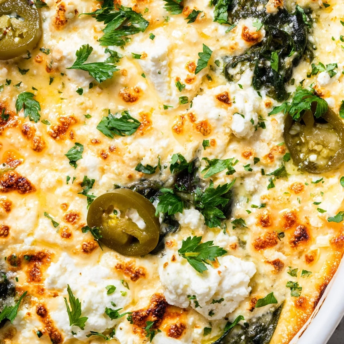 Freshly baked Spinach and Pepperoncini Baked Feta Dip garnished with parsley, alongside toasted pita chips and pepperoncini slices.