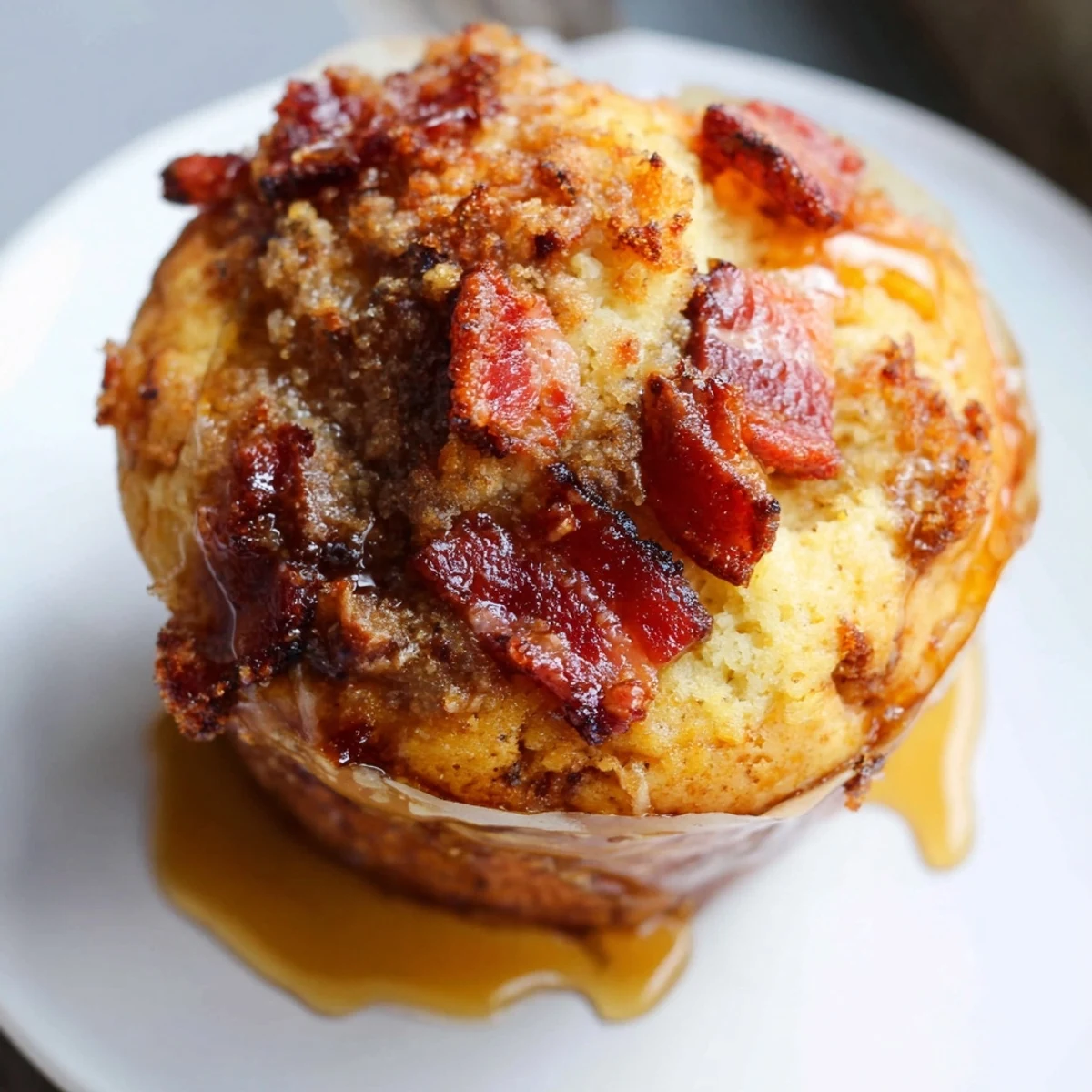 A close-up of golden Maple Bacon Pancake Muffins on a rustic wooden board, with crispy bacon bits peeking through the fluffy tops and a glossy drizzle of maple syrup.