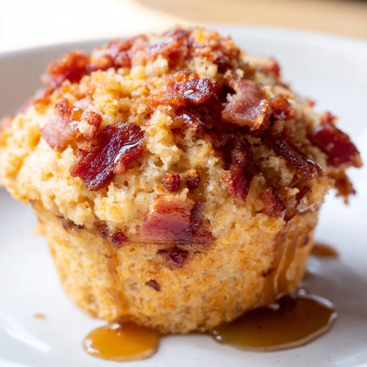 Freshly baked Maple Bacon Pancake Muffins arranged in a white ceramic muffin tin, showcasing their moist crumb and savory-sweet bacon garnish, ready for a brunch spread.
