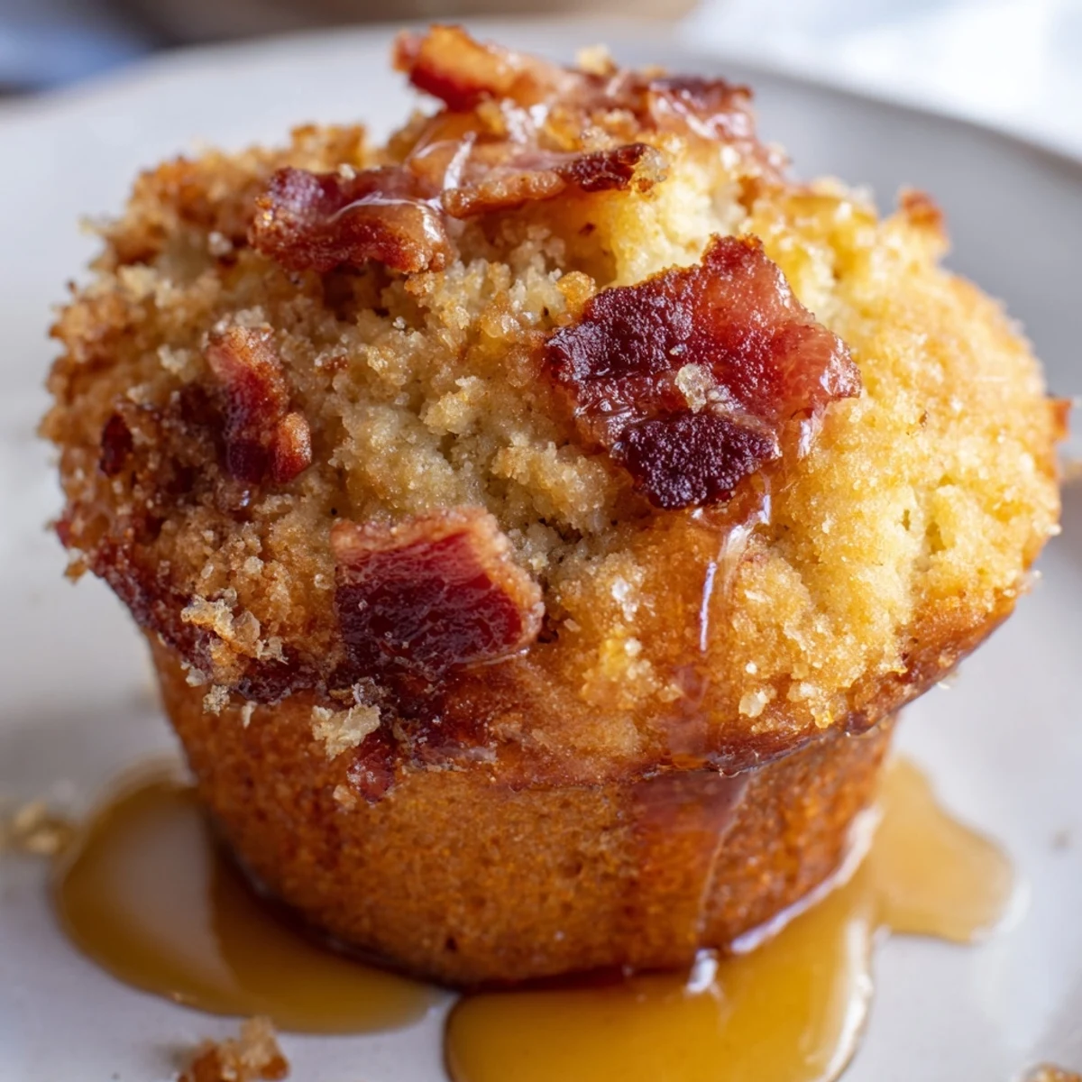 Morning sunlight highlights these delicious Maple Bacon Pancake Muffins, featuring a moist interior studded with bacon and a sweet glaze, ideal for a quick breakfast treat.
