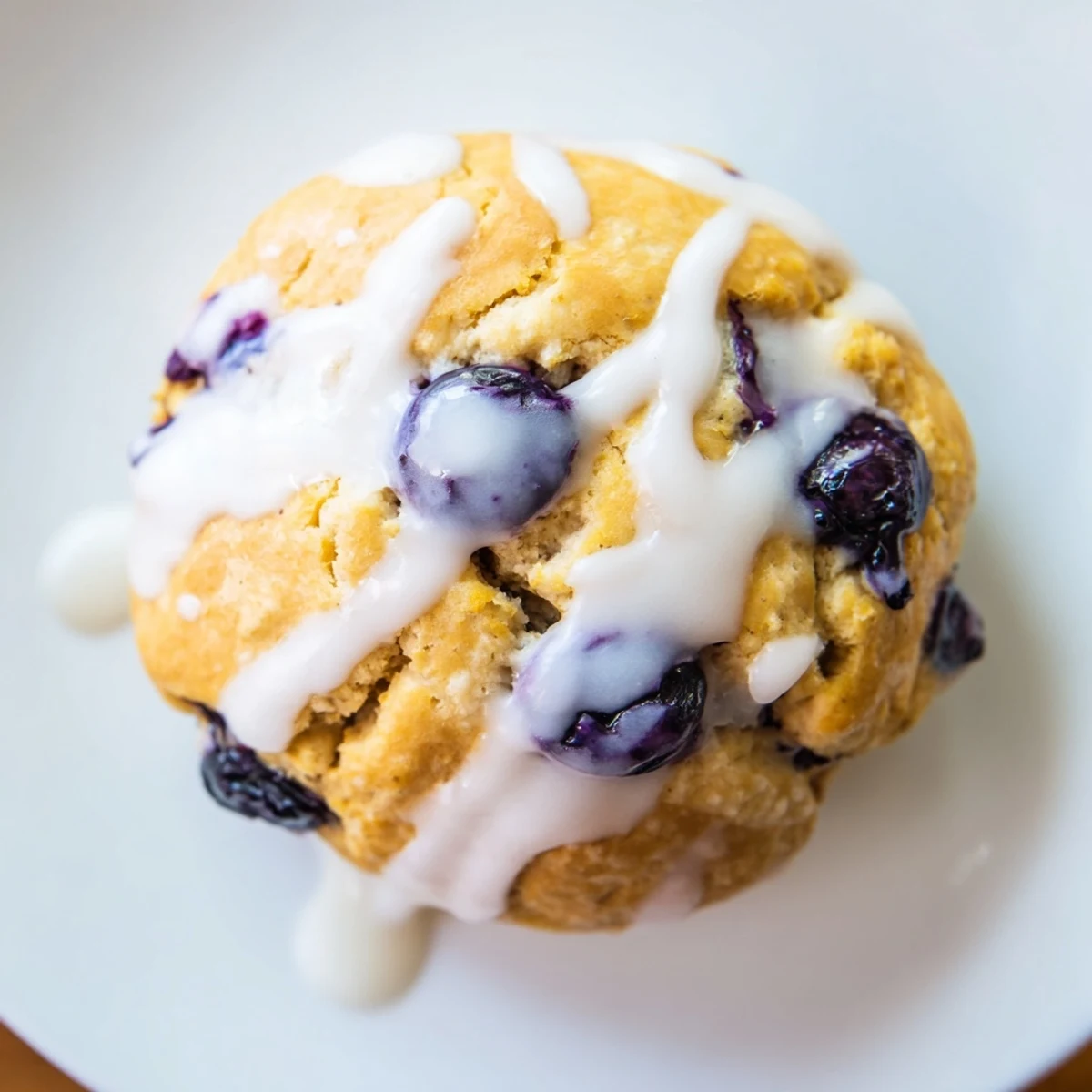 Freshly baked Nakishas Blueberry Biscuits with a sweet glaze drizzle on a rustic wooden table.