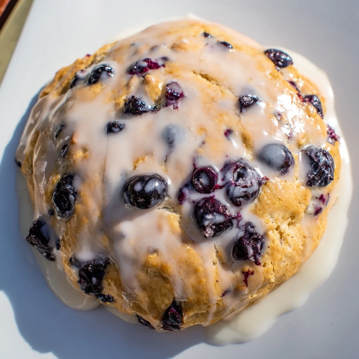 Golden brown Nakishas Blueberry Biscuits topped with vanilla glaze on a white ceramic plate for breakfast.