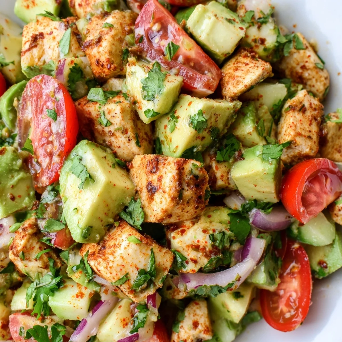 Freshly grilled chicken pieces mixed with creamy diced avocado, cherry tomatoes, and cucumber in the Avocado Chicken Salad.