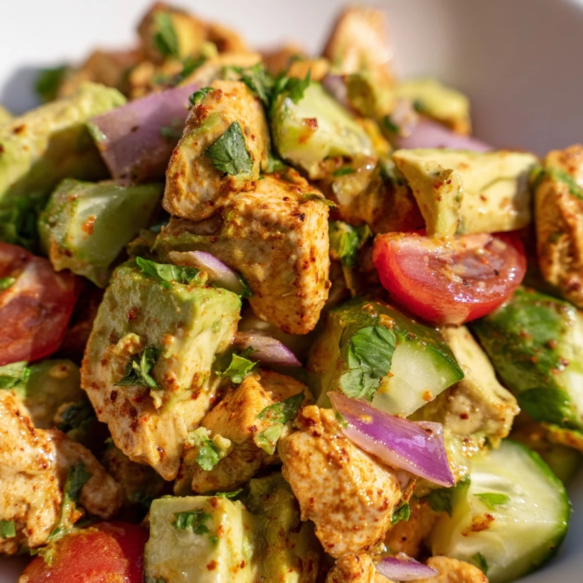 The Avocado Chicken Salad features tender protein on greens, garnished with cilantro and a zesty lime dressing drizzle.