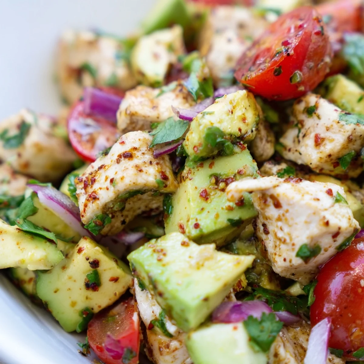 Serving the Avocado Chicken Salad in a bowl, showcasing ripe avocado chunks and red onion for a flavorful lunch.