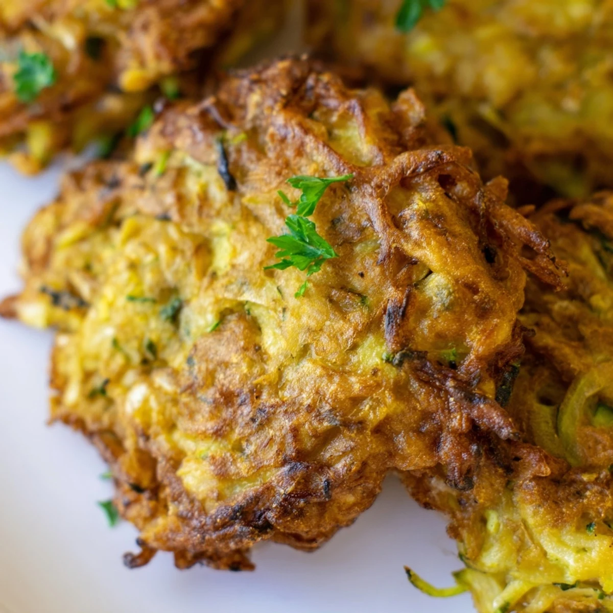 Golden-brown Chickpea Zucchini Fritters sizzling in a skillet, featuring crispy edges and tender, herb-filled centers perfect for a vegetarian snack.