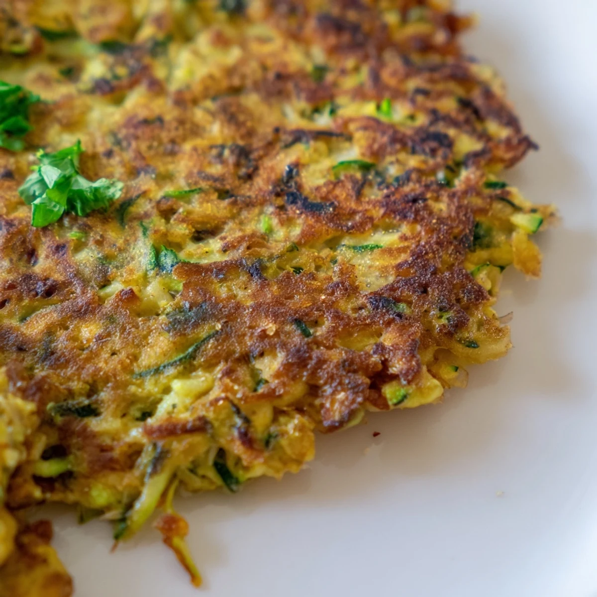 Freshly cooked Chickpea Zucchini Fritters stacked on a plate with a side of creamy yogurt dip, showcasing a savory Mediterranean appetizer.