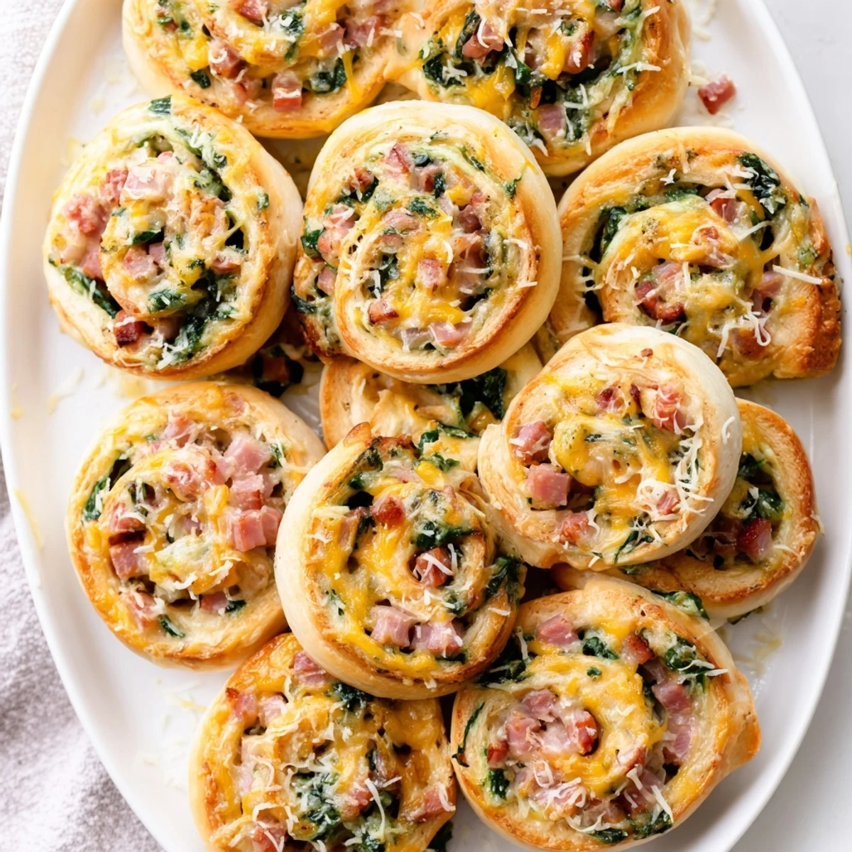 Freshly baked Savory Spinach and Ham Breakfast Rolls with melted cheese on a rustic cutting board.