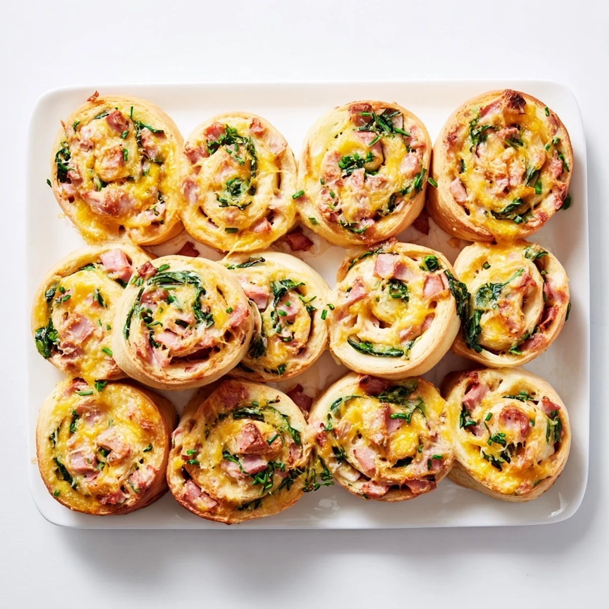 Golden Savory Spinach and Ham Breakfast Rolls arranged on a plate with fresh herbs nearby.