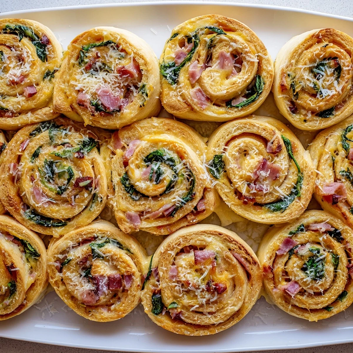 Warm Savory Spinach and Ham Breakfast Rolls served on a kitchen counter beside a cup of coffee.