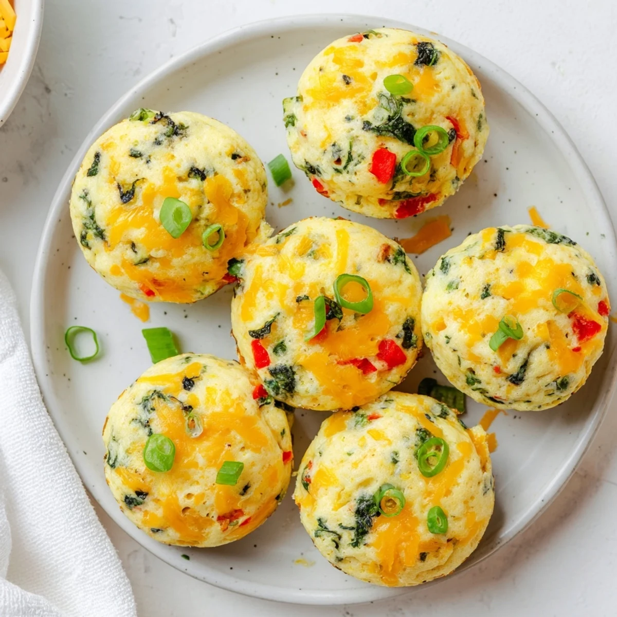 Perfectly golden Muffin Tin Cottage Cheese Egg Bites topped with melted cheddar and fresh spinach.