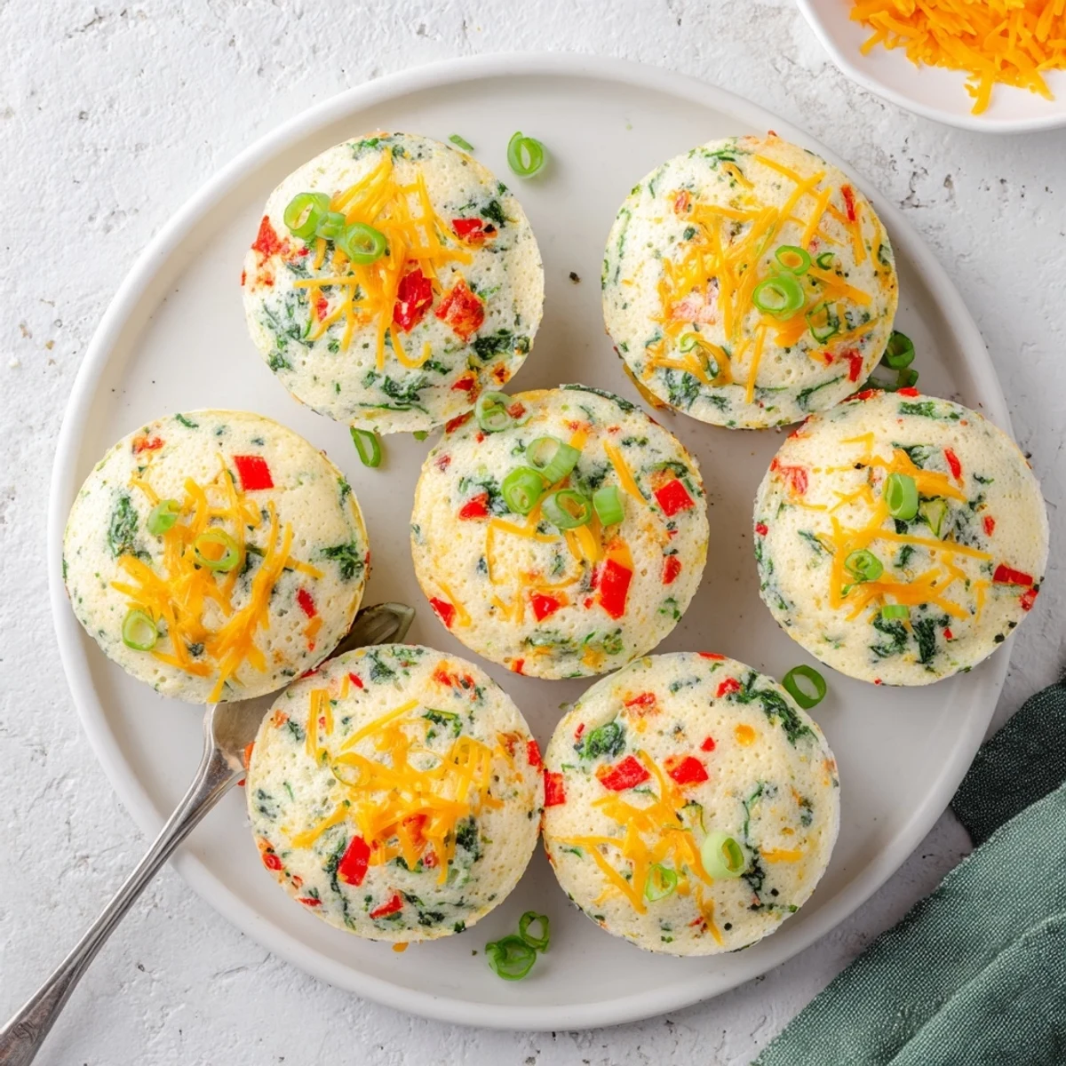 Freshly baked Muffin Tin Cottage Cheese Egg Bites with diced red peppers and green onions on a plate.