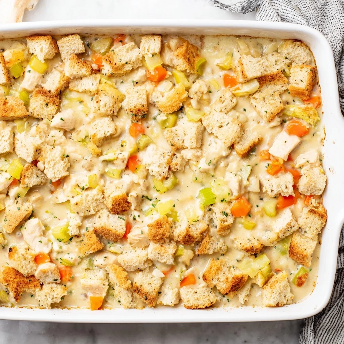 Golden brown Dolly's Chicken Stuffing Casserole bubbling in a white baking dish with a serving spoon.