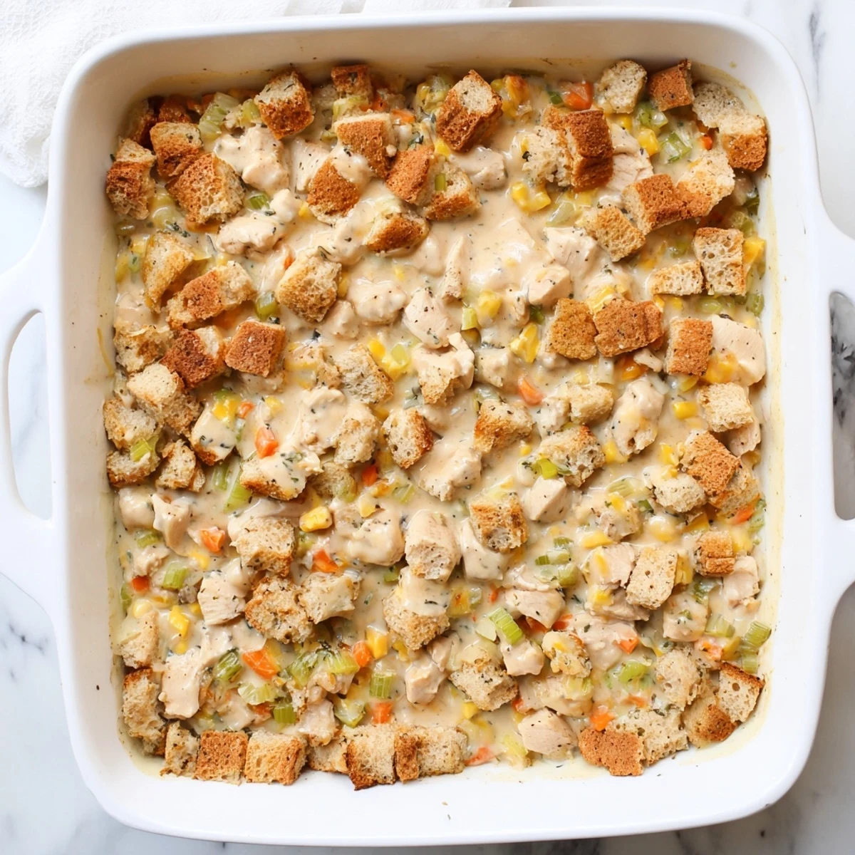 Savory Dolly's Chicken Stuffing Casserole served on a plate showing layers of chicken, vegetables, and stuffing.