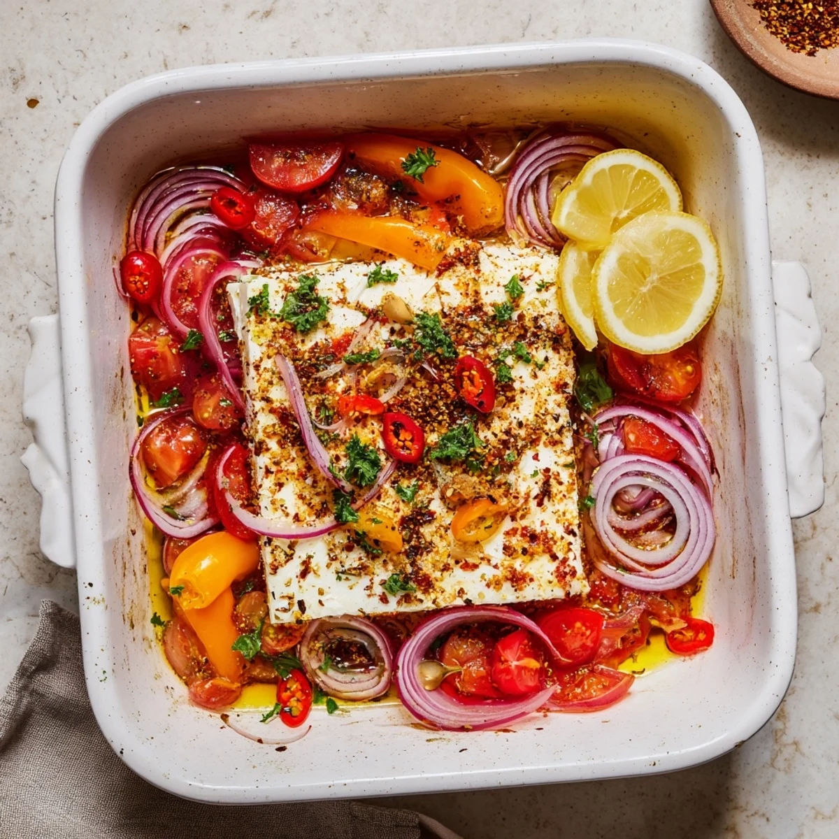 A close-up of baked feta and roasted tomatoes in a dish, garnished with parsley for Spicy Baked Feta.