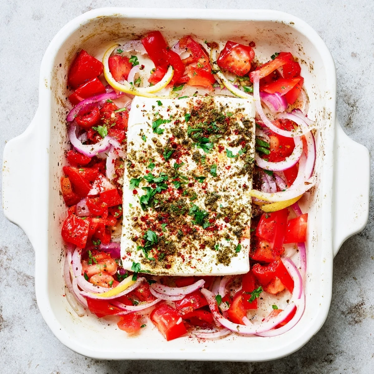 Oven-baked feta cheese with vibrant tomatoes and fresh chili slices, glistening with olive oil and herbs.