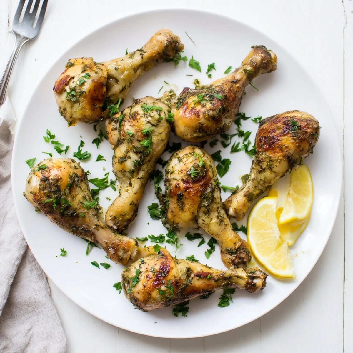 Golden-brown Herb Roasted Chicken Drumsticks glisten with lemon and fresh herbs on a rustic platter for a flavorful meal.