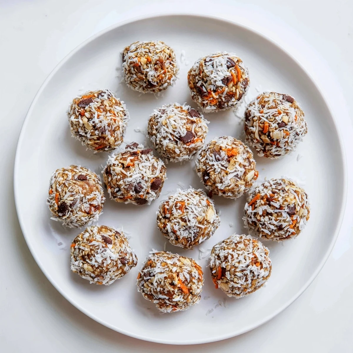 Round, golden-brown No Bake Carrot Cake Bites coated in shredded coconut sit on a wooden platter, showcasing flecks of grated carrot and chopped nuts.