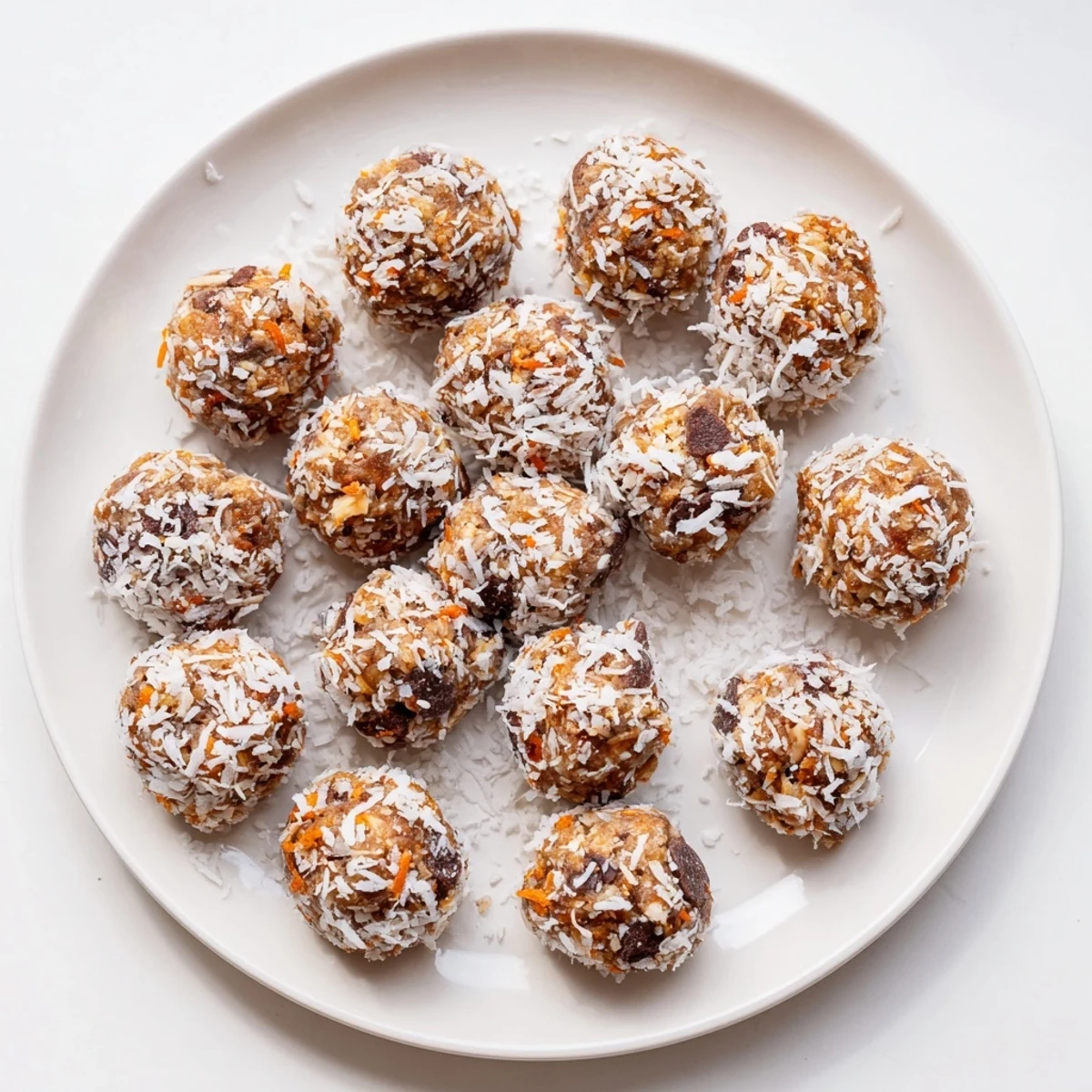 Four neatly arranged No Bake Carrot Cake Bites are served on a small plate beside a steaming mug of herbal tea, perfect for an afternoon snack.