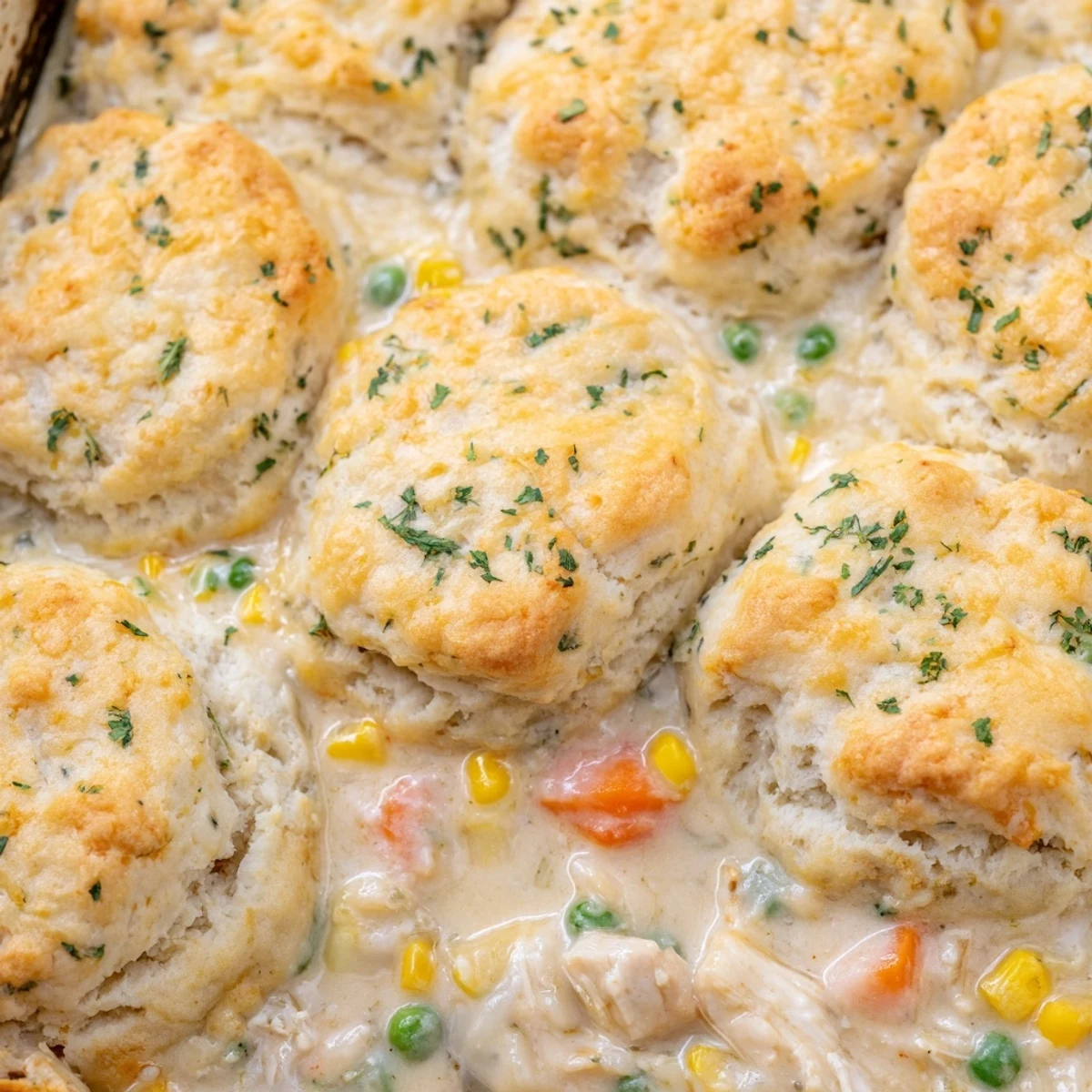 Steaming Red Lobster Biscuit Chicken Pot Pie emerges from the oven with golden, cheesy biscuit tops and a rich, creamy filling.