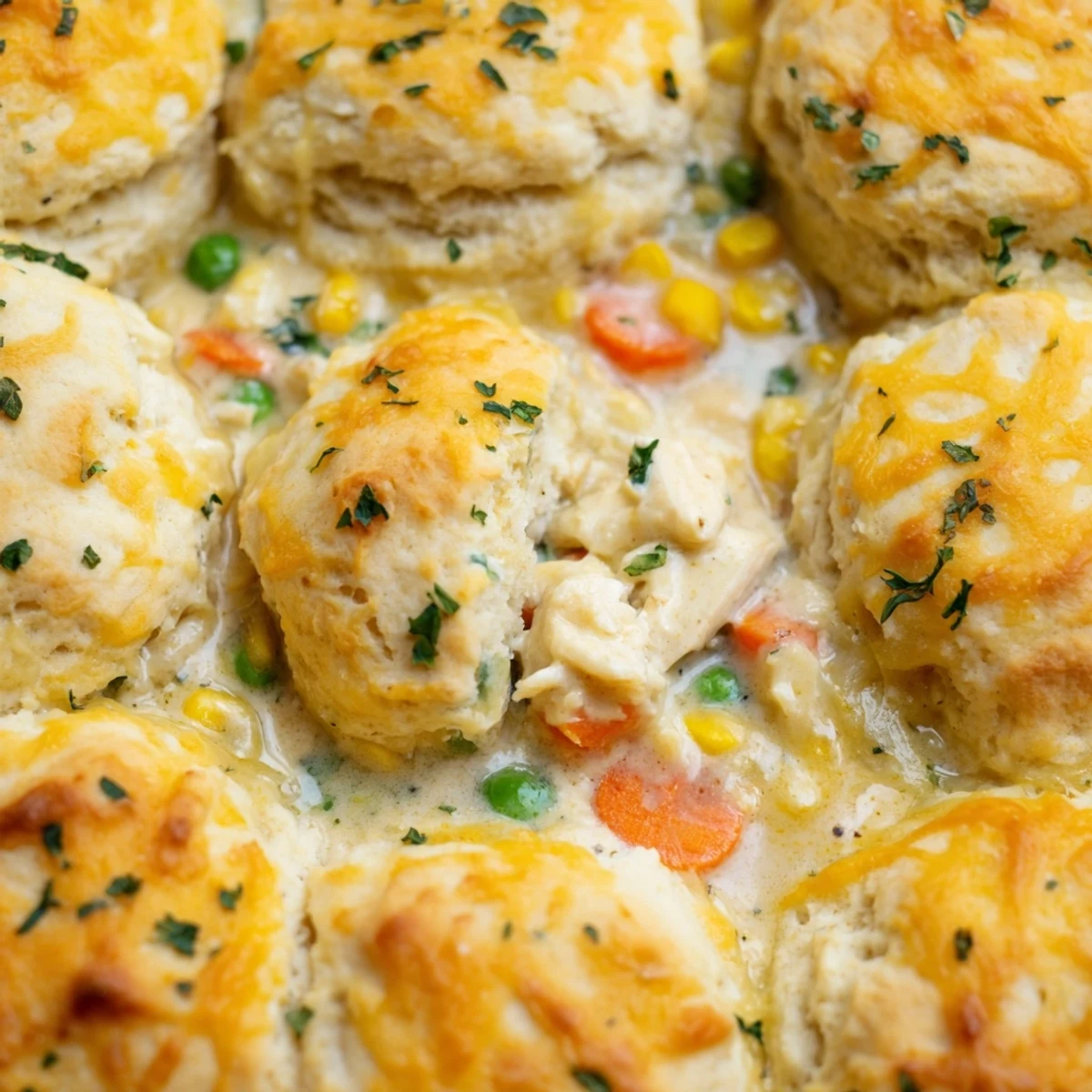 A spoonful of Red Lobster Biscuit Chicken Pot Pie reveals tender chicken and vegetables beneath a garlic-parmesan biscuit crust.
