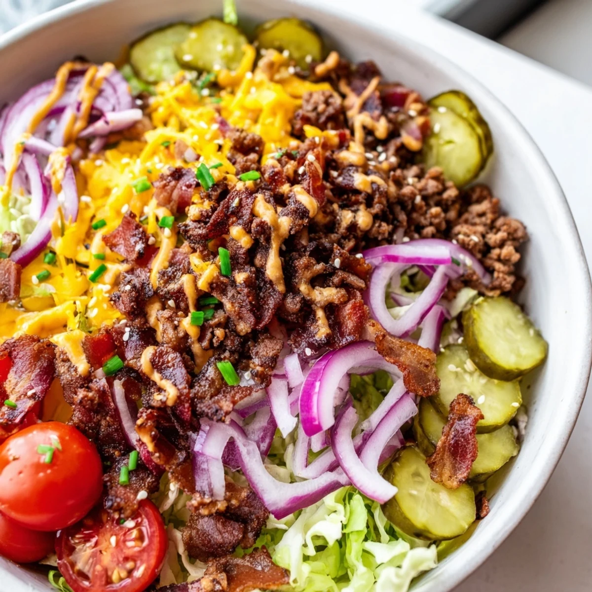 A close-up of the vibrant Smash Burger Bowl with juicy seasoned beef, crisp lettuce, tangy pickles, and melted cheddar in a colorful serving bowl.