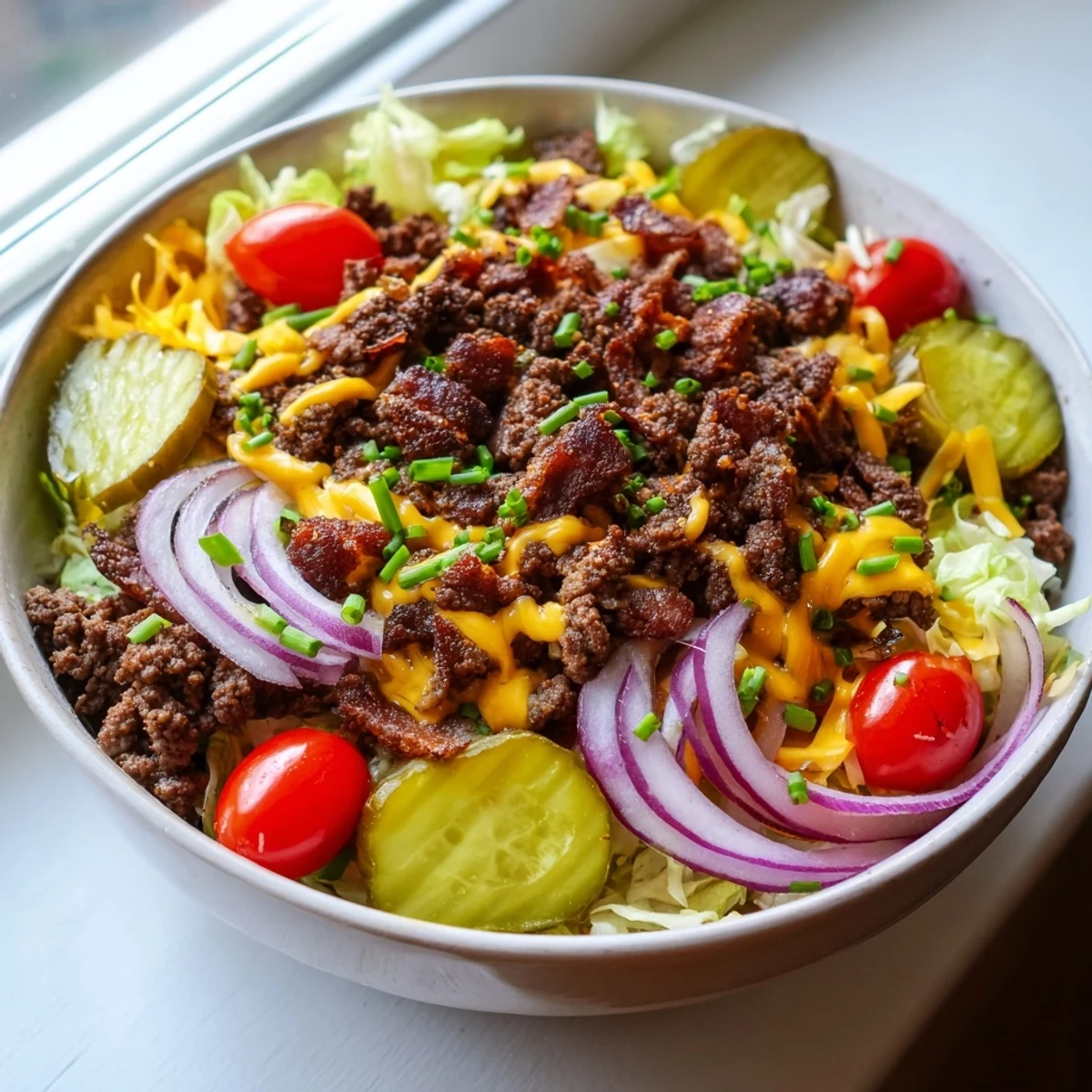 An overhead view of the delicious Smash Burger Bowl featuring seasoned beef, shredded iceberg lettuce, red onions, pickles, and sesame seeds for garnish.