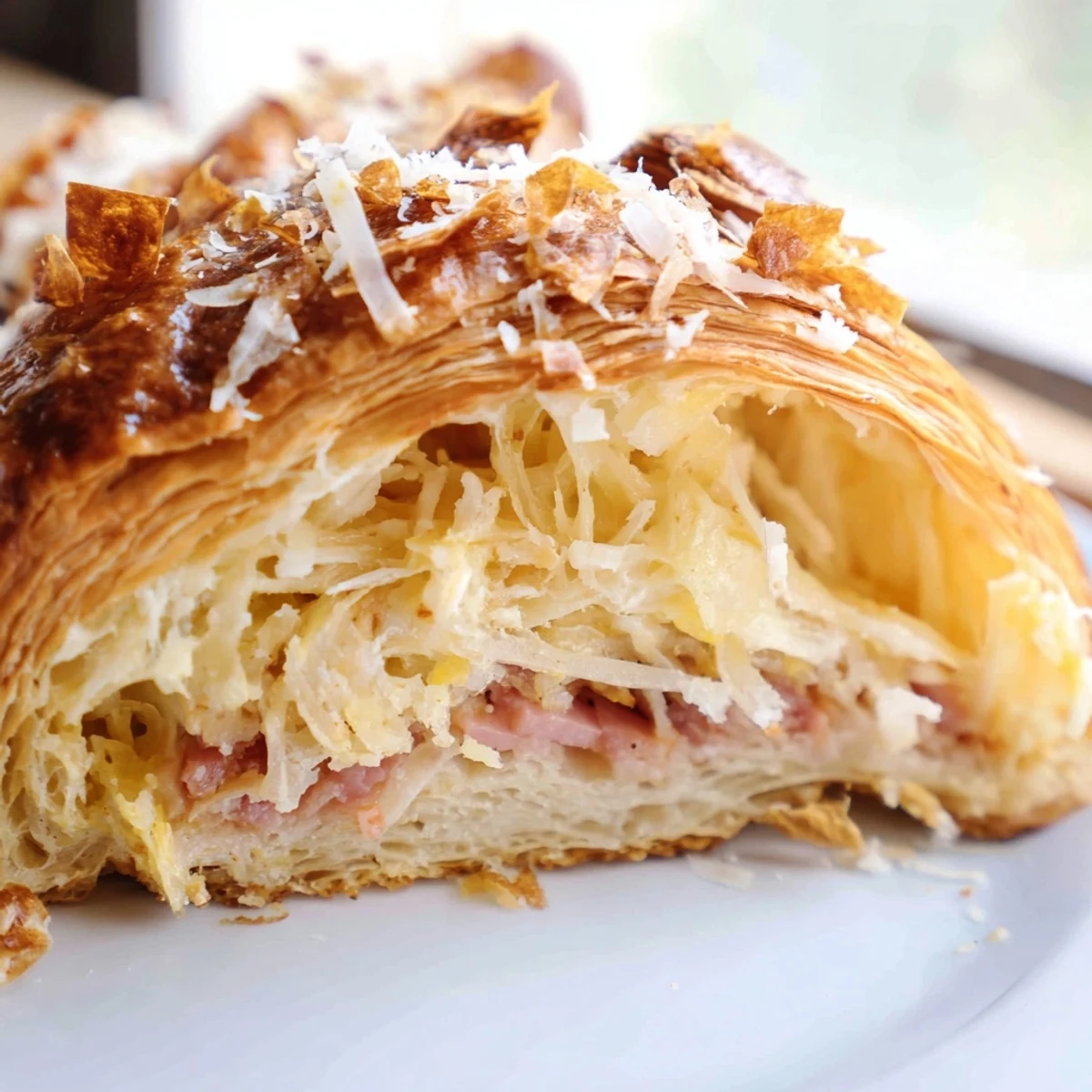 Four golden, flaky stuffed croissants filled with melted Gruyère and savory ham sit on a rustic wooden board.