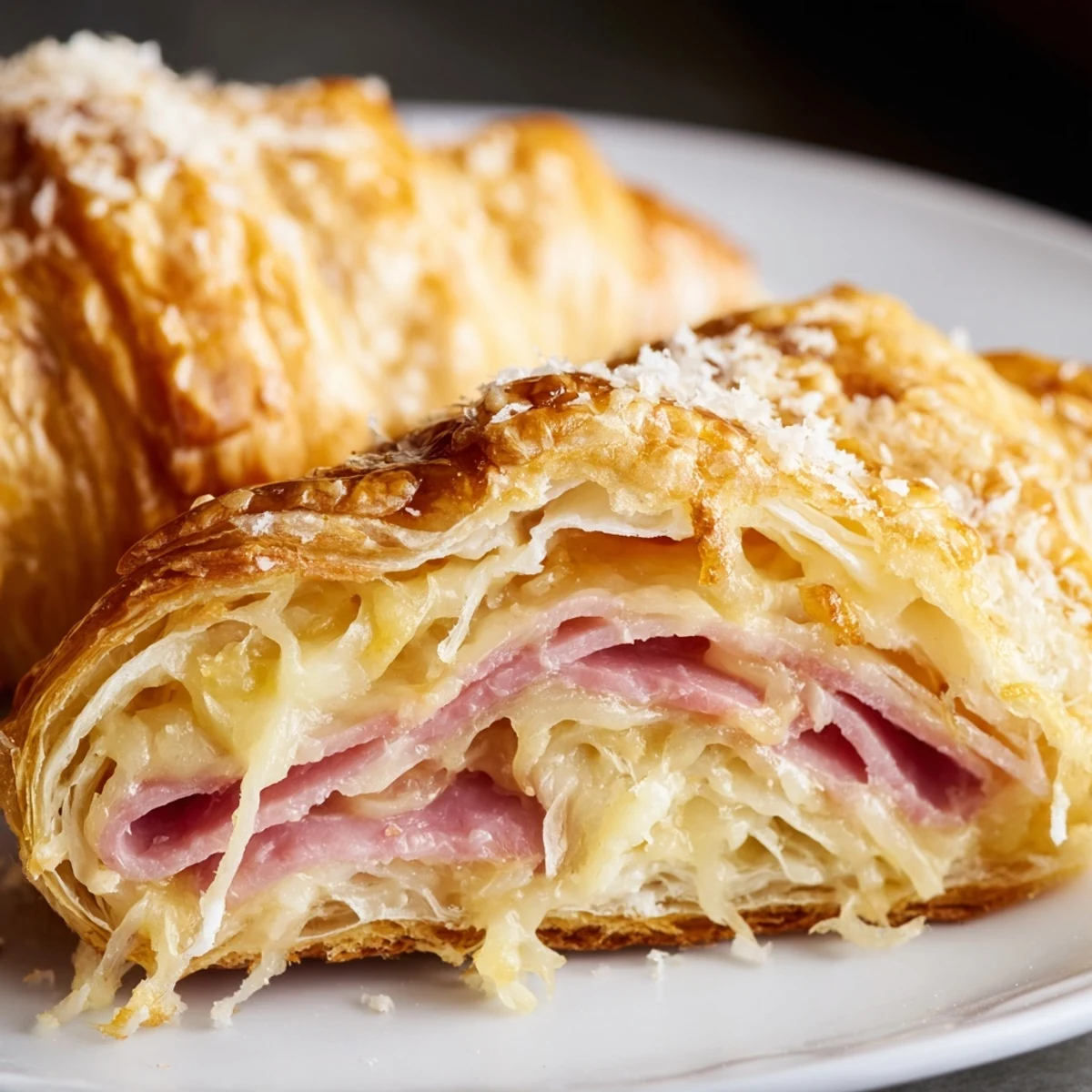 Breakfast plate features Stuffed Croissants beside a bright green salad and fresh fruit for a balanced brunch.