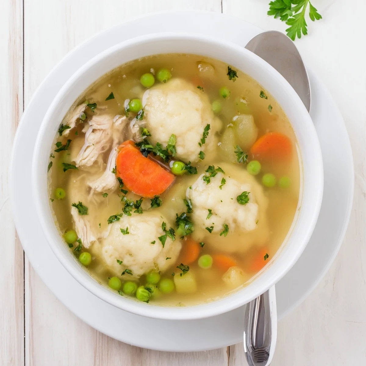 Hearty One Pot Chicken Dumpling Soup ladled from a Dutch oven, featuring soft dumplings, peas, and parsley garnish.