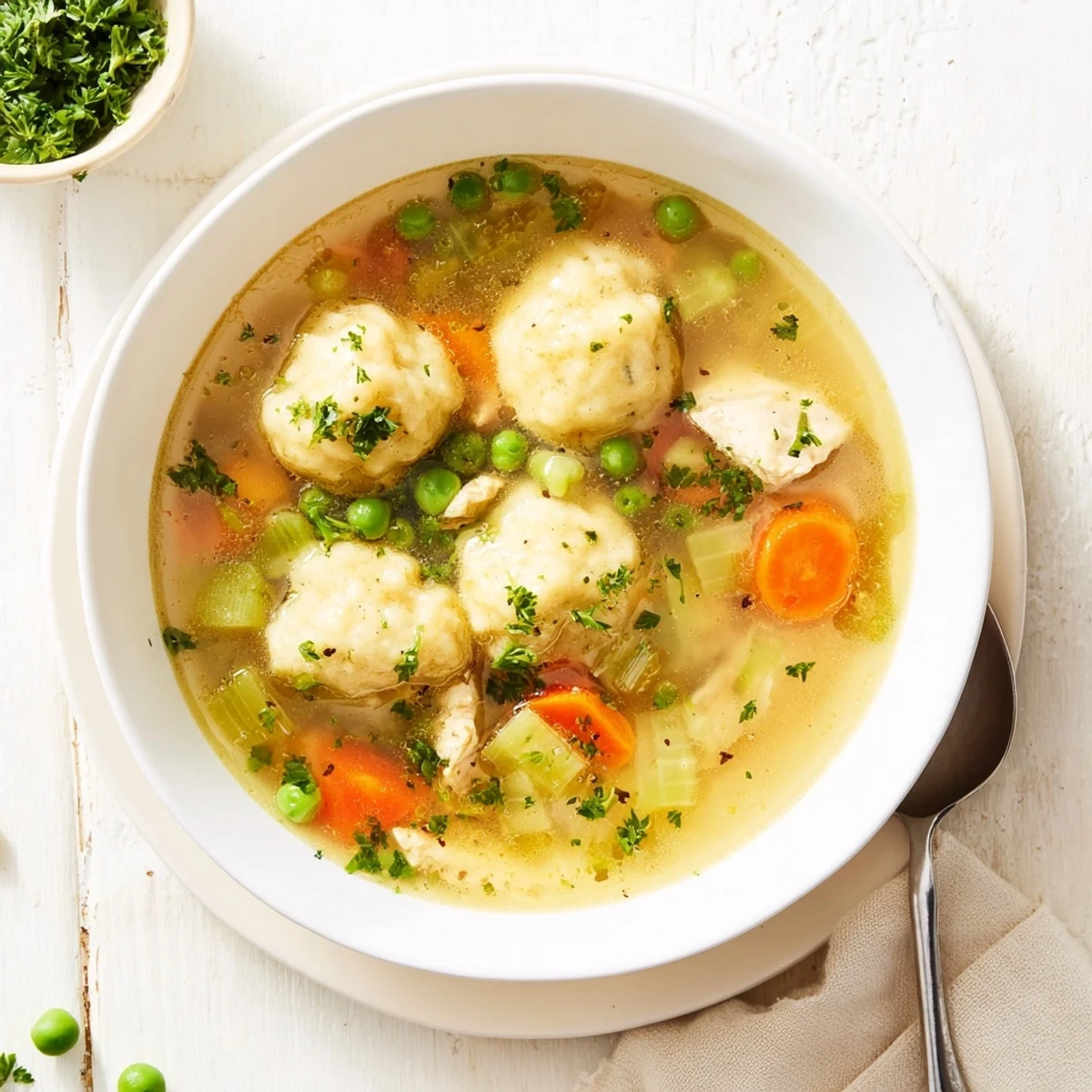 Steaming One Pot Chicken Dumpling Soup with fluffy dumplings, tender chicken, and vibrant carrots in a cozy bowl.