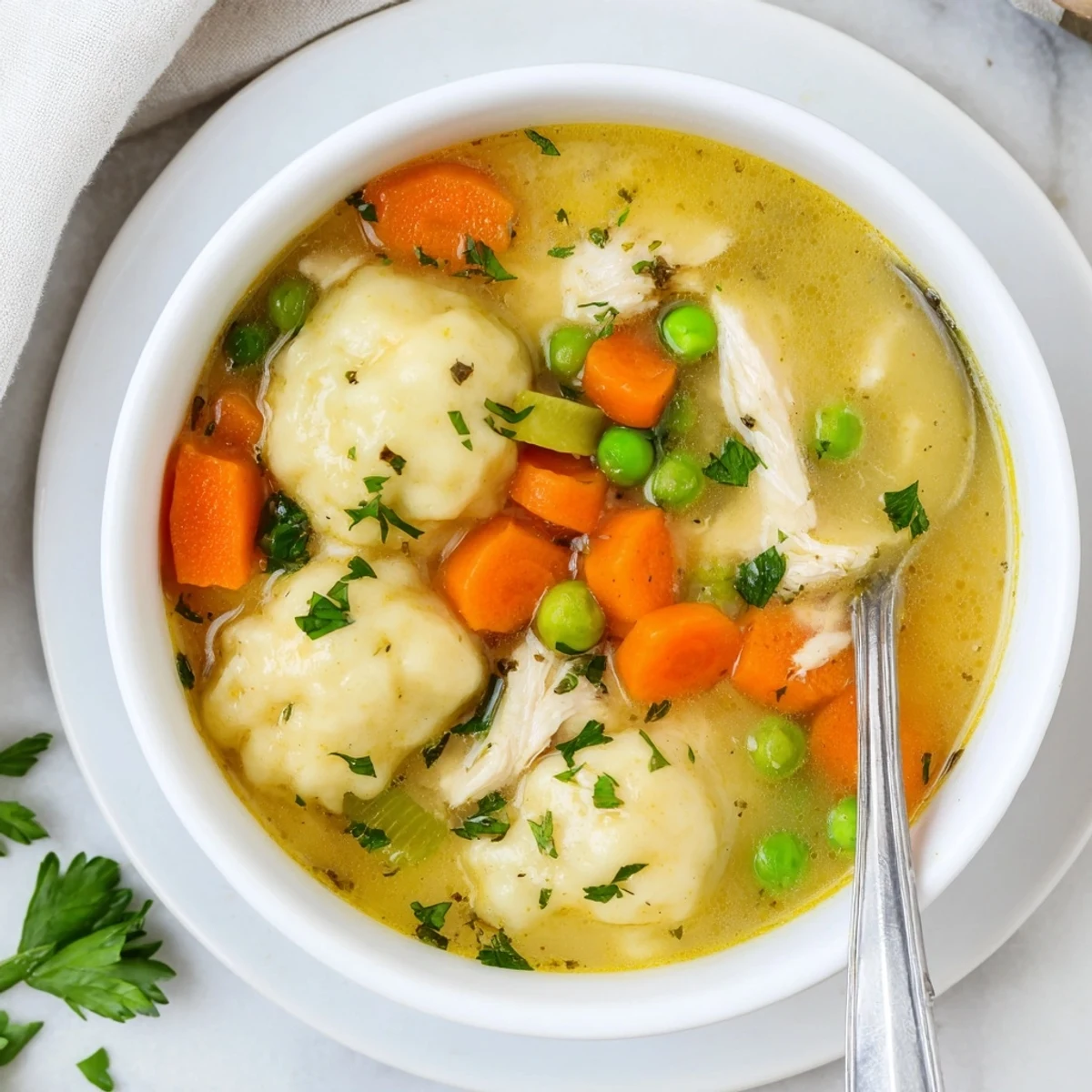Comforting One Pot Chicken Dumpling Soup served with steaming broth, savory chicken pieces, and golden dumplings on a spoon.