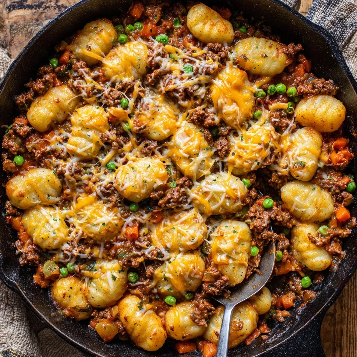 Golden brown potato gnocchi and melted cheddar cheese topping a savory beef and vegetable filling for Quick Gnocchi Shepherds Pie.