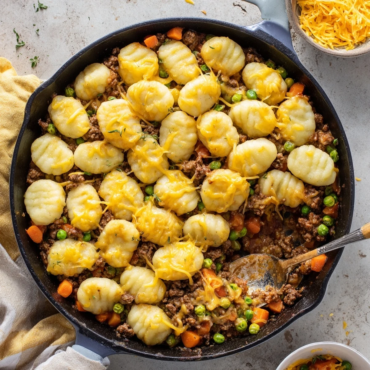 Hearty Quick Gnocchi Shepherds Pie portioned onto a white plate with fresh thyme garnish and a side salad.