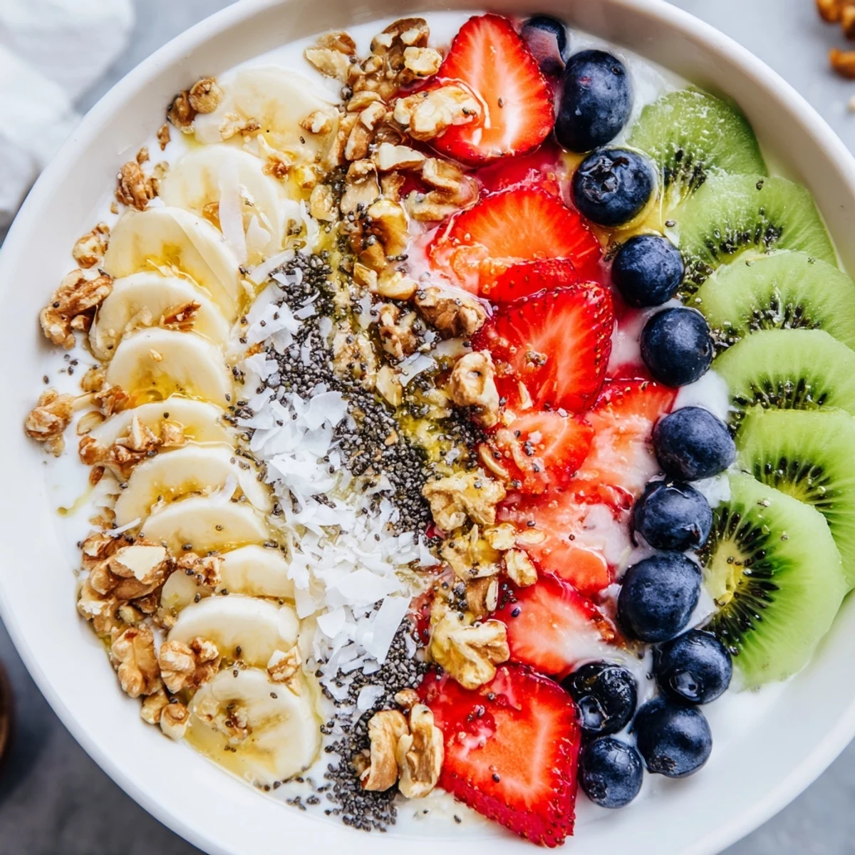 A vibrant Healthy Breakfast Bowl topped with fresh sliced strawberries and blueberries beside creamy Greek yogurt.