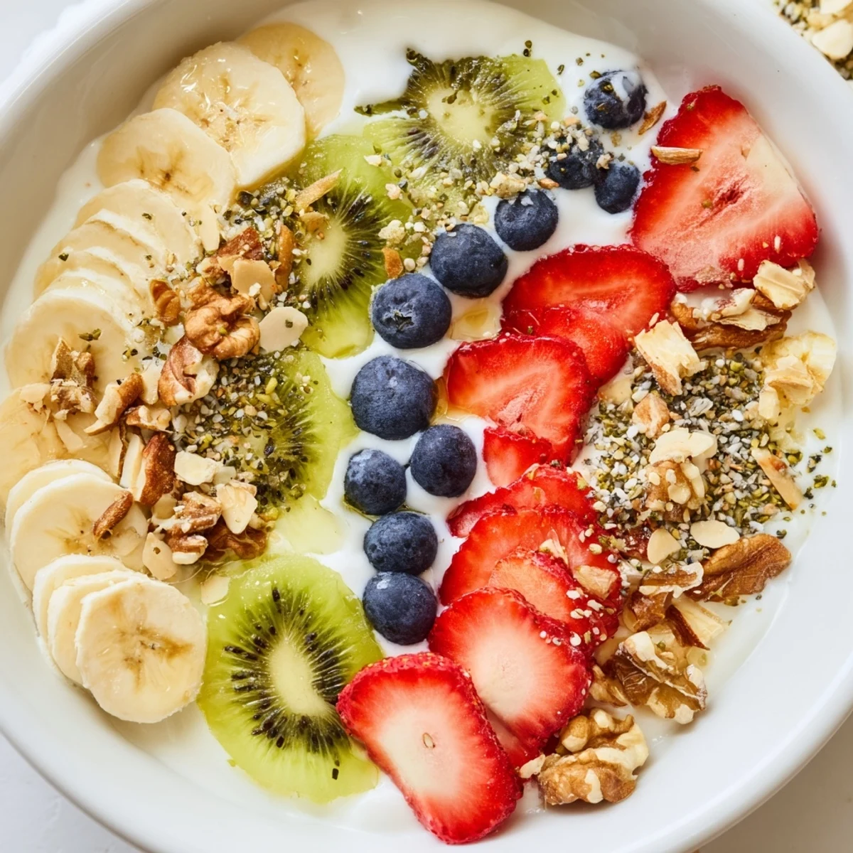 A glass of green tea sits beside the Healthy Breakfast Bowl with crunchy granola and sliced bananas.