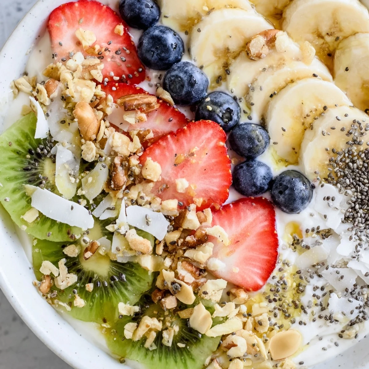 This Healthy Breakfast Bowl features colorful kiwi slices and drizzled honey for a sweet morning treat.