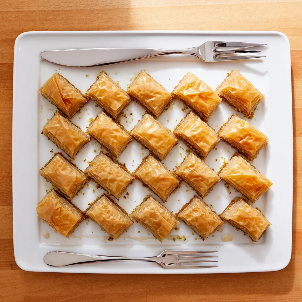 Golden-brown Greek Baklava squares glistening with honey syrup, layered with walnuts and pistachios.